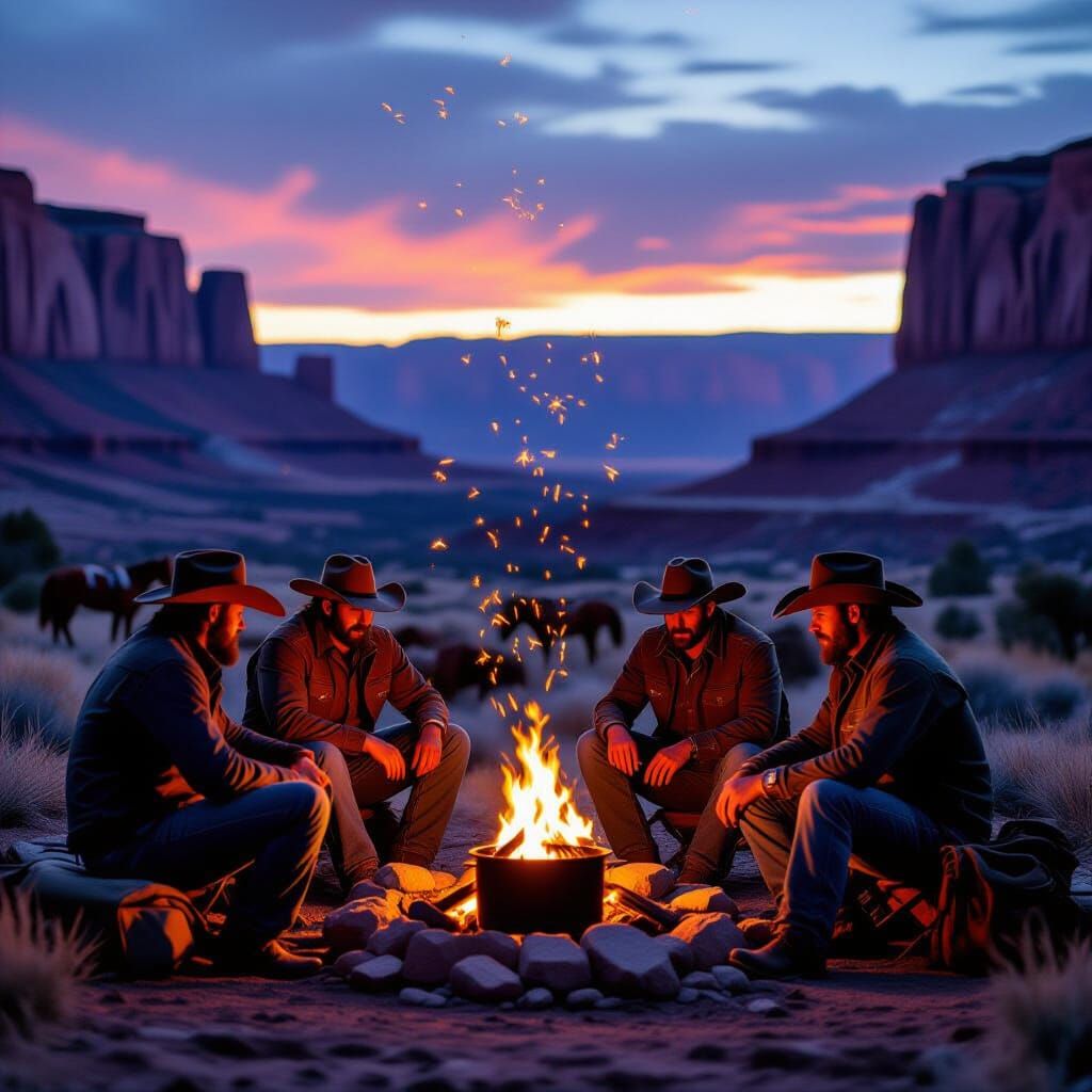 Rugged cowboys seated around a crackling campfire, a pot of beans bubbling as sparks drift upward. Their horses doze peacefully nearby. In t...