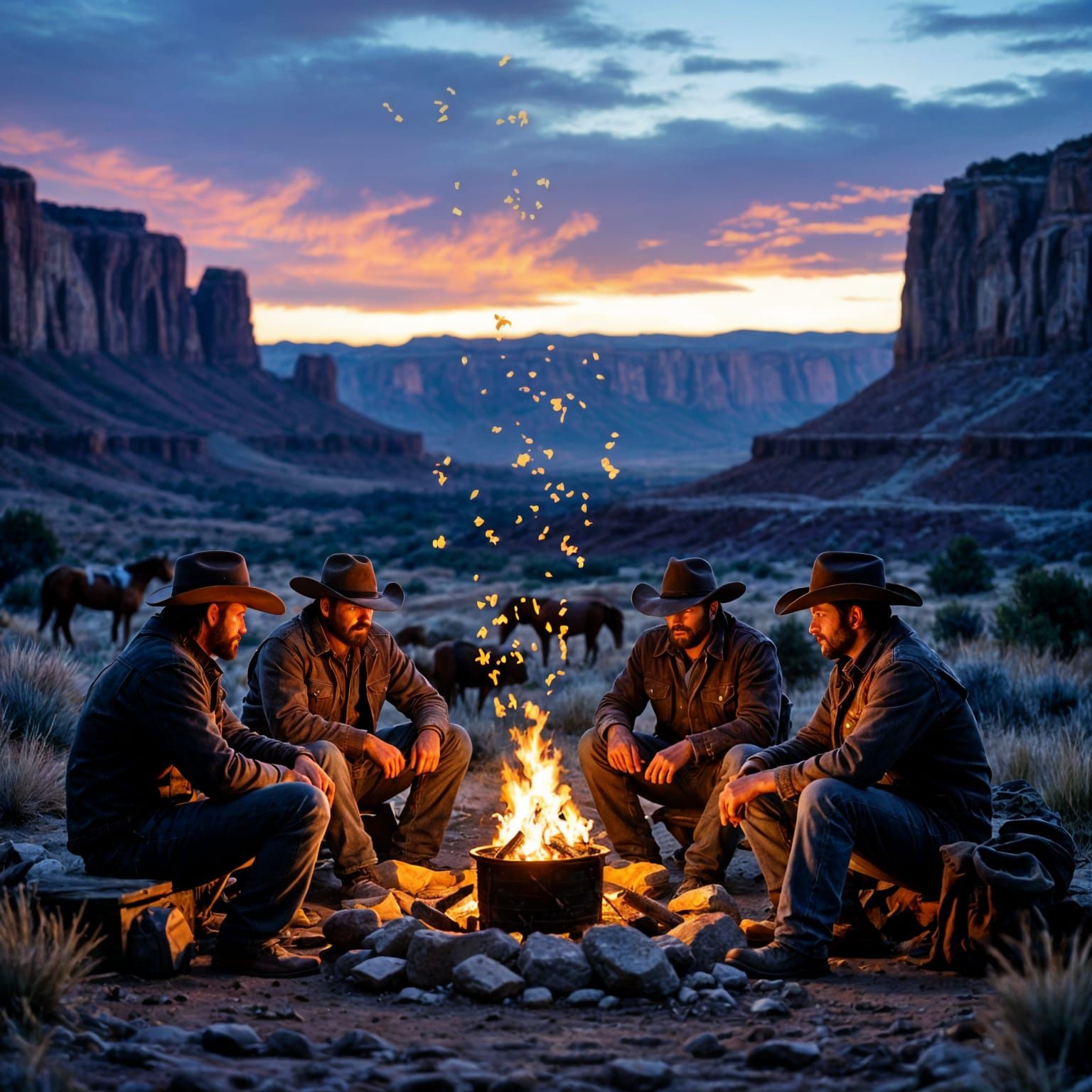 Rugged cowboys seated around a crackling campfire.  by @Papillon