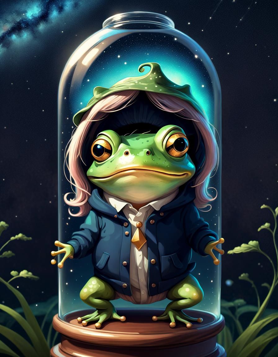 Frog wearing a wig in a jar AI Generated Artwork NightCafe Creator