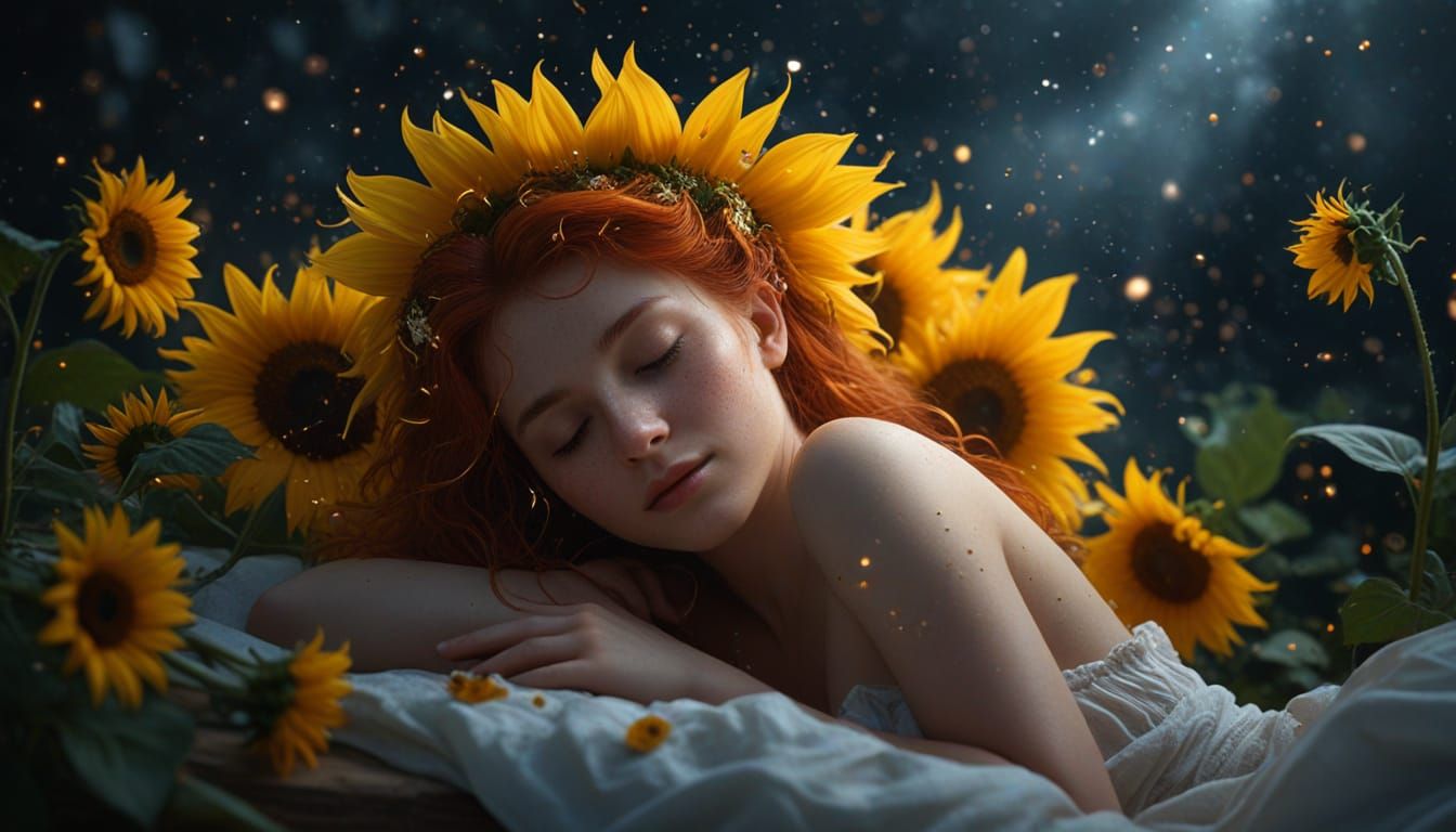 A sleeping  elf rests gracefully on a gigantic sunflower in a luminous dreamscape, her red hair cascading like silk acro...