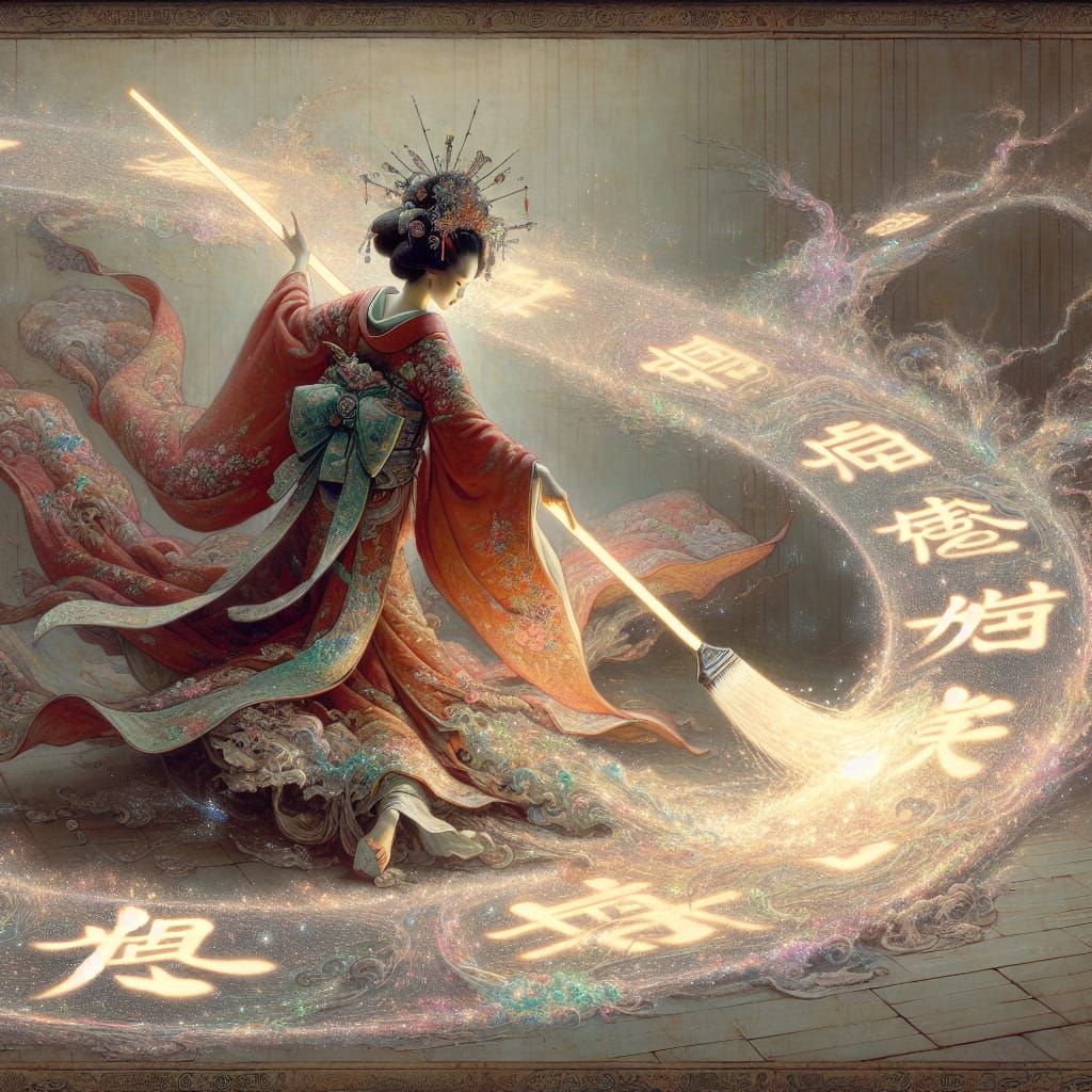 "dramatic painting of beautiful Japanese princess dancing with a giant paint brush, painting beautiful ...  by @Kindly Offer