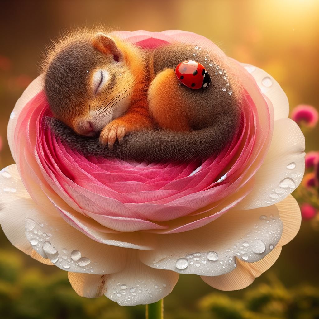 Sleeping Red Squirrel in a Ranunculus flower