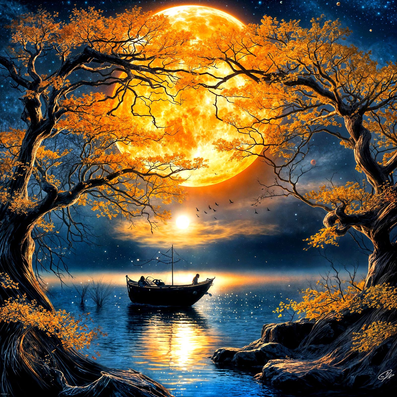 Golden Moon Eclipse Over Dark Sakura Lake