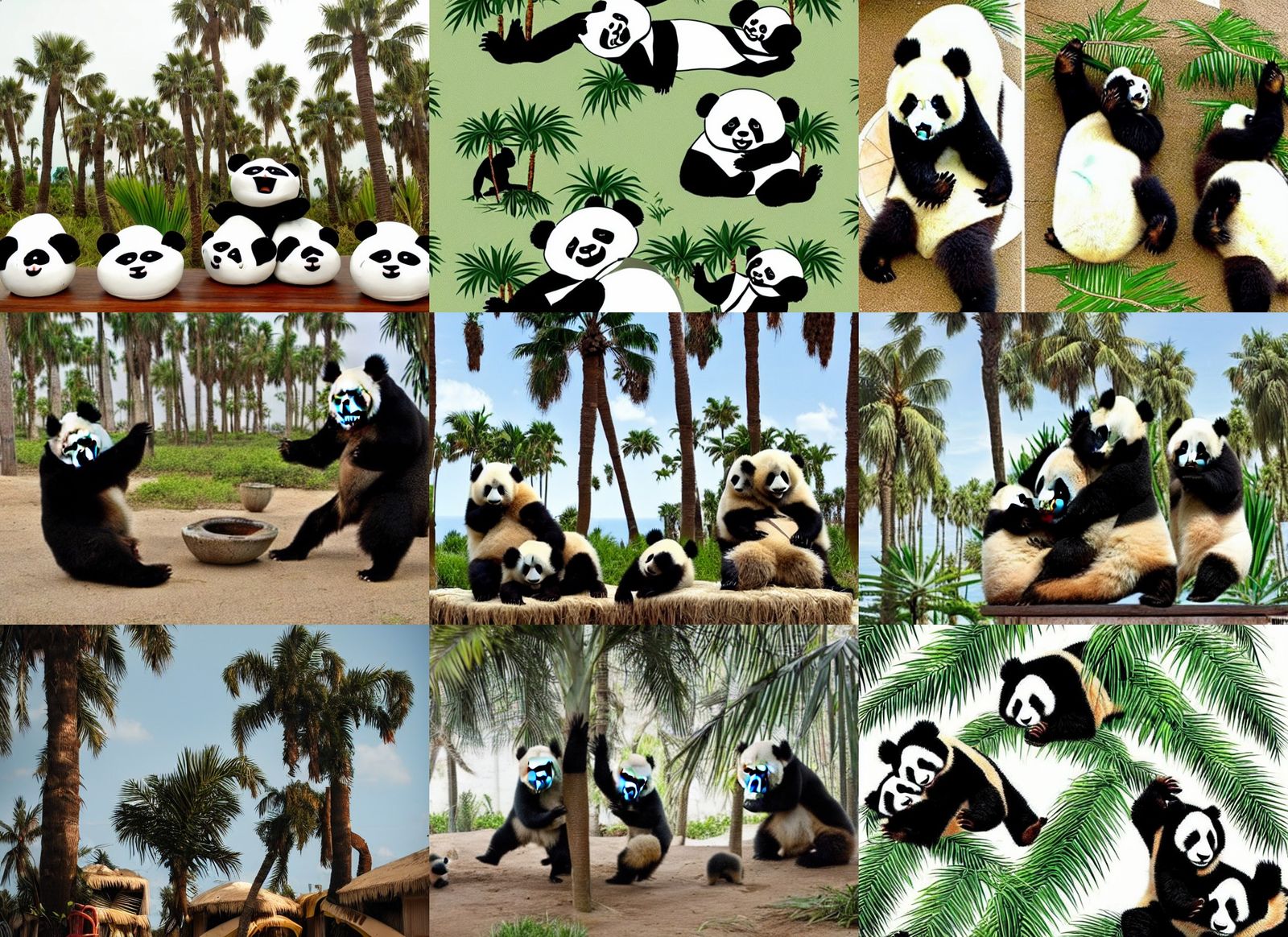 squatting palm trees upside down tables angry but hugging panda babies