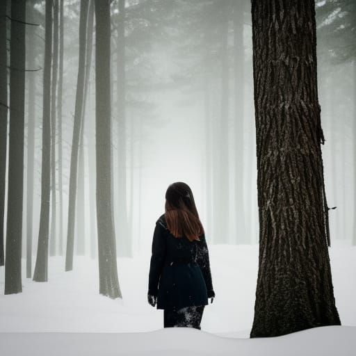 Girl in snowy forest creative backlighting shadows dark hair...
