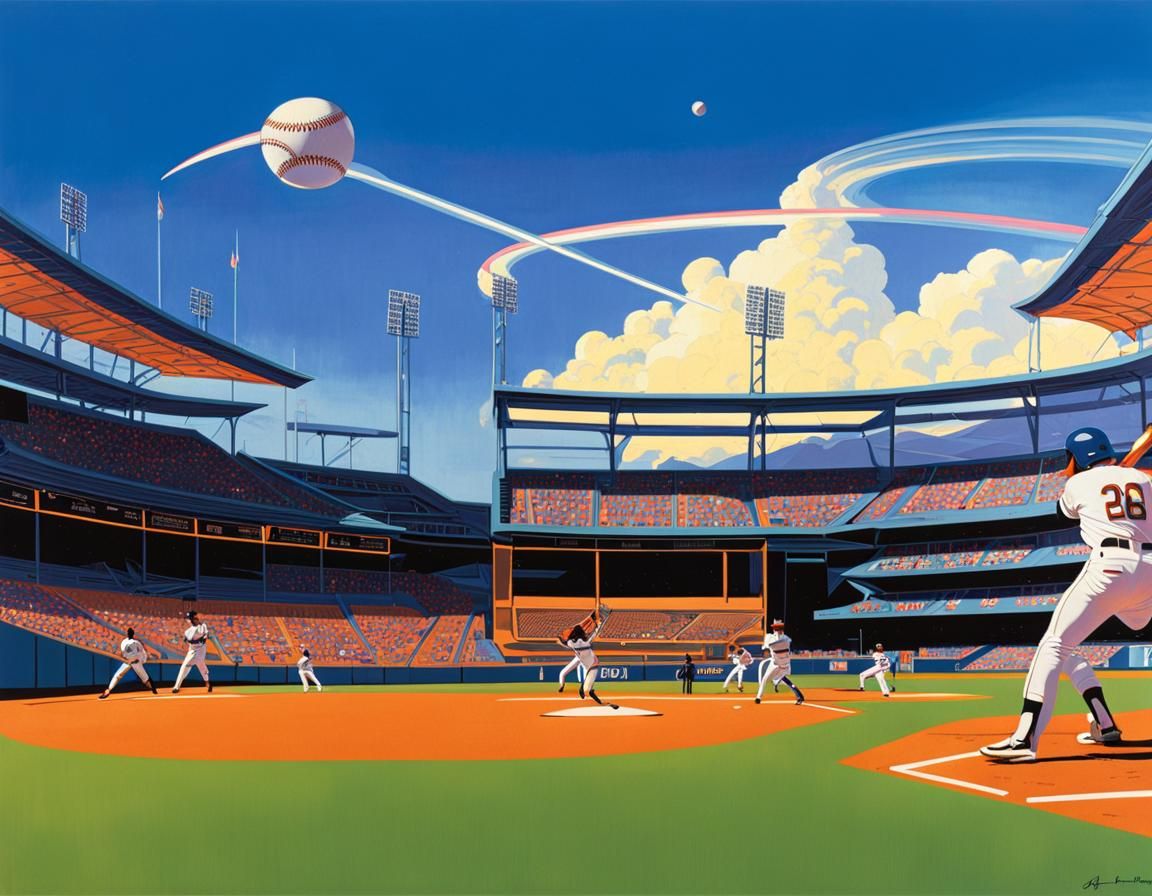 16k resolution, art by Syd Mead, Yoko Honda, Cosmic baseball stadium ...