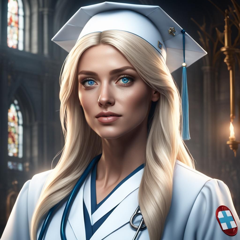 Blond nurse with BLUE eyes straight hair in graduation with other blond graduation nurse