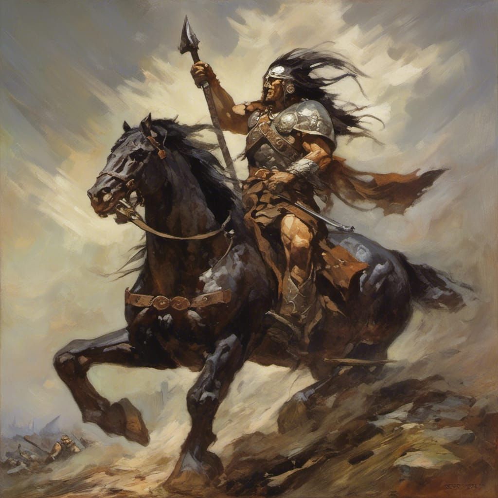 <lora:FrazettaFantasy:1.0> a conan style warrior with a batt...