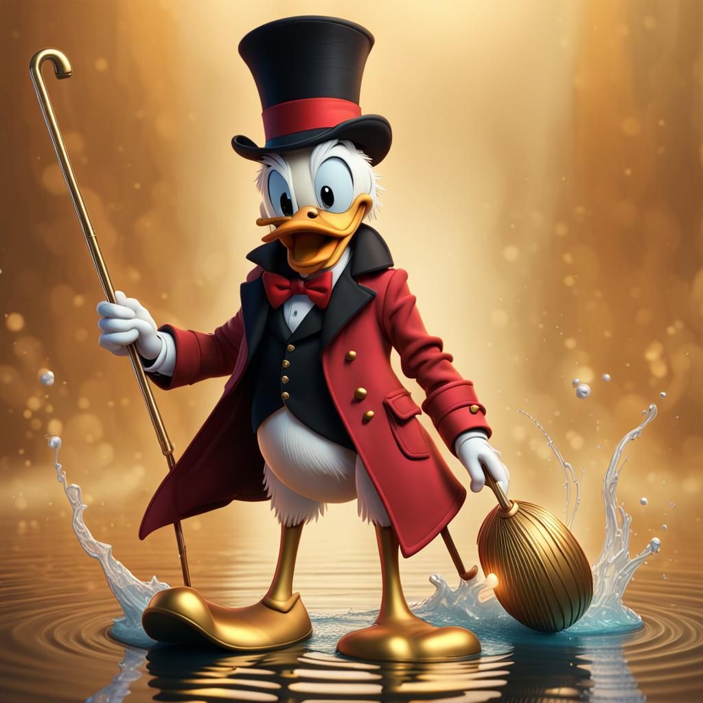 Scrooge McDuck wearing a black top hat and a red coat with a cane he is ...