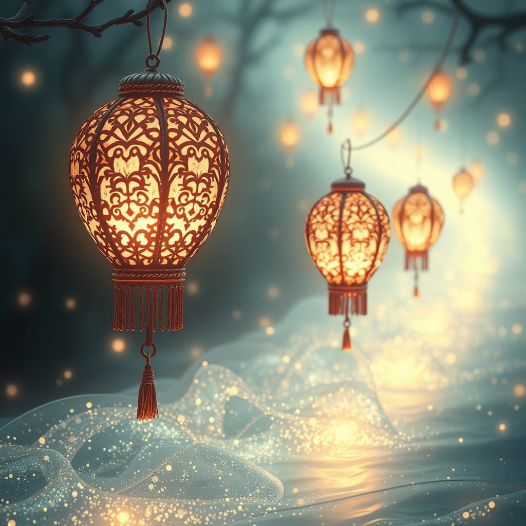 Luminous Embroidered Fantasy lanterns drift across shimmering river of light  by @EsterJasmine