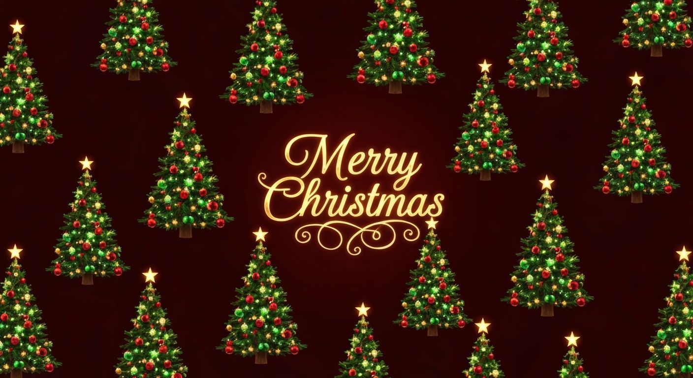 A dark red background with glowing christmas trees decorated with green, red and gold ornaments in a repeated pattern throughout the image. ...
