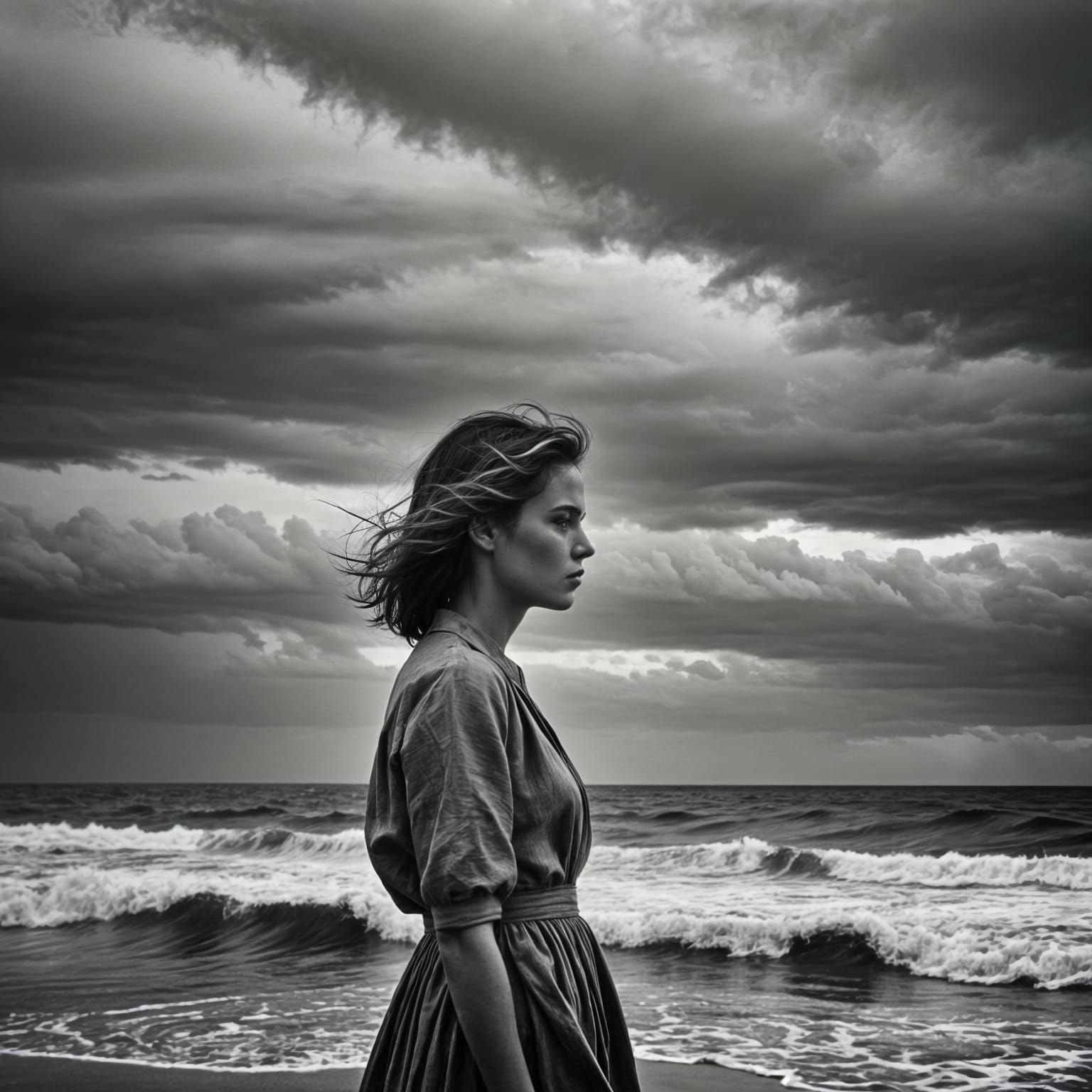 A lone woman stands quietly on the edge of a beach, her long hair gently moving in the wind. She gazes out at the horizon, where the sun is...