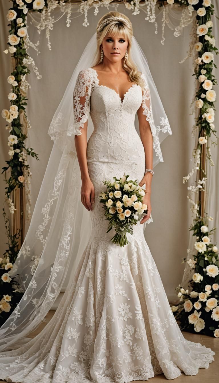 Samantha Fox wearing a lacey wedding dress