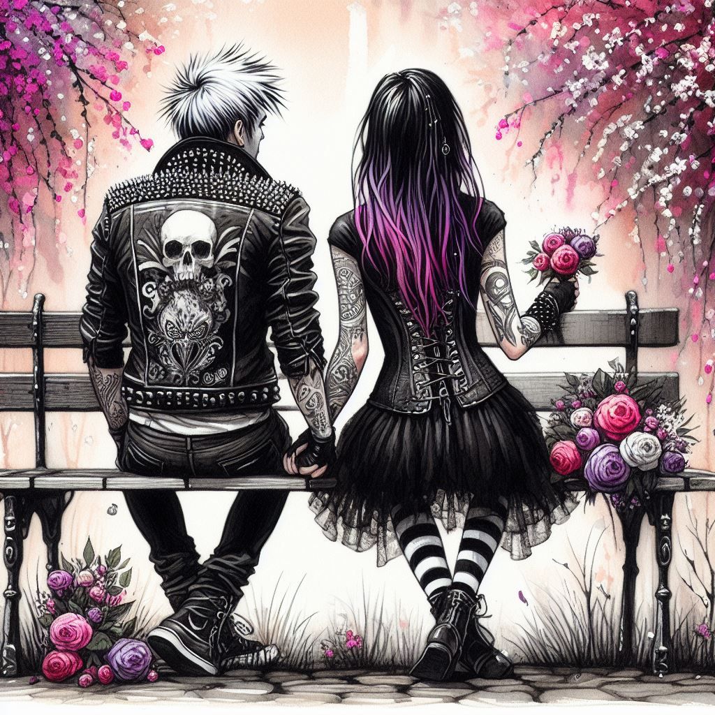 Gothic couple sitting on the bench