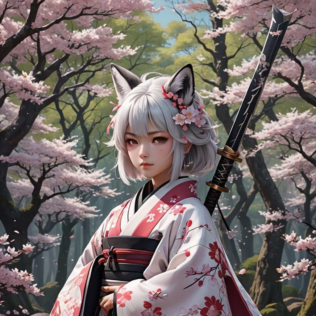 human wearing cherry blossom kimono with white hair and fox ...