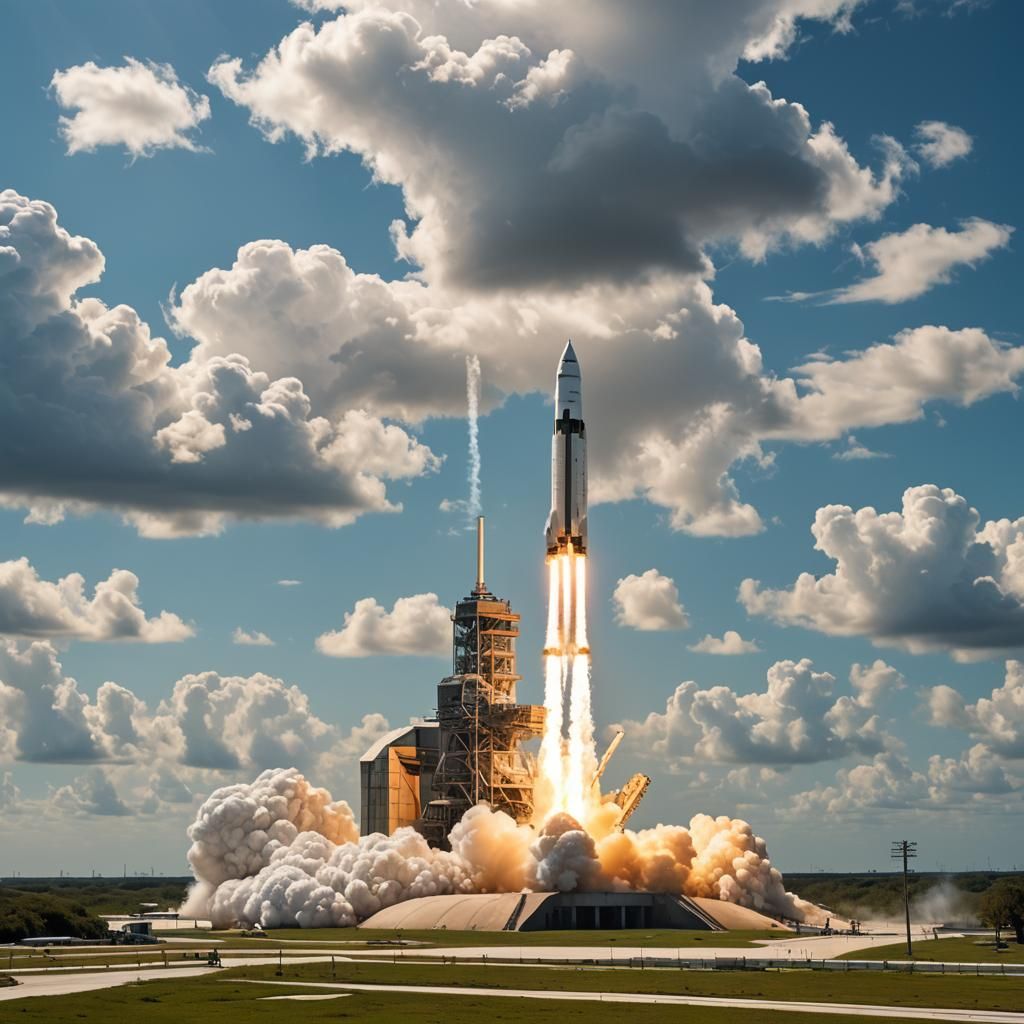 A (futuristic rocket 1.5) takes off from cape Canaveral on a sunny day.  A control tower is in the background