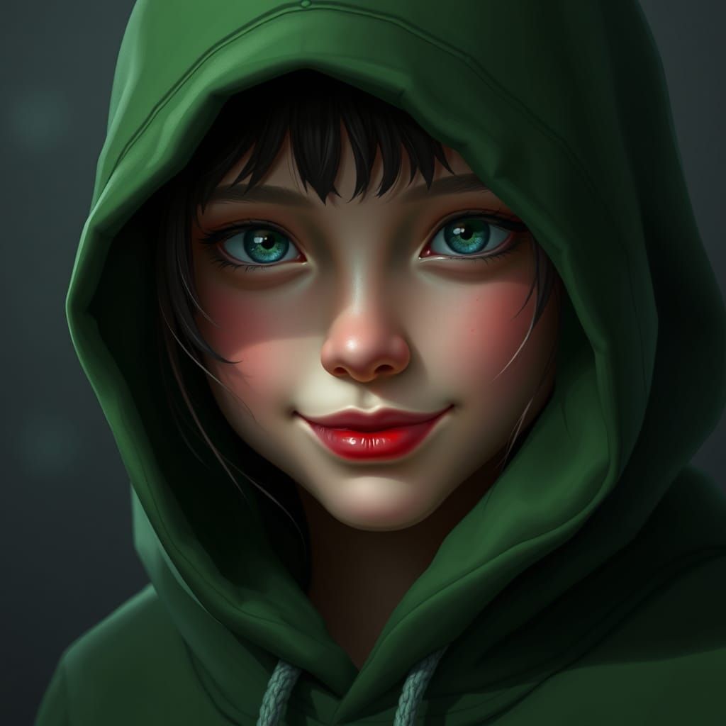 Girl in Hoodie with Ruby Lip, Detailed Matte Painting