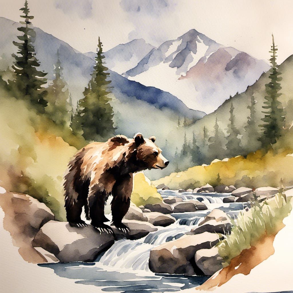 Watercolor painting of a bear at a mountain stream, mountain...