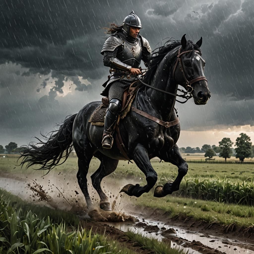 Warrior on Black Horse in Storm, Hyperrealistic