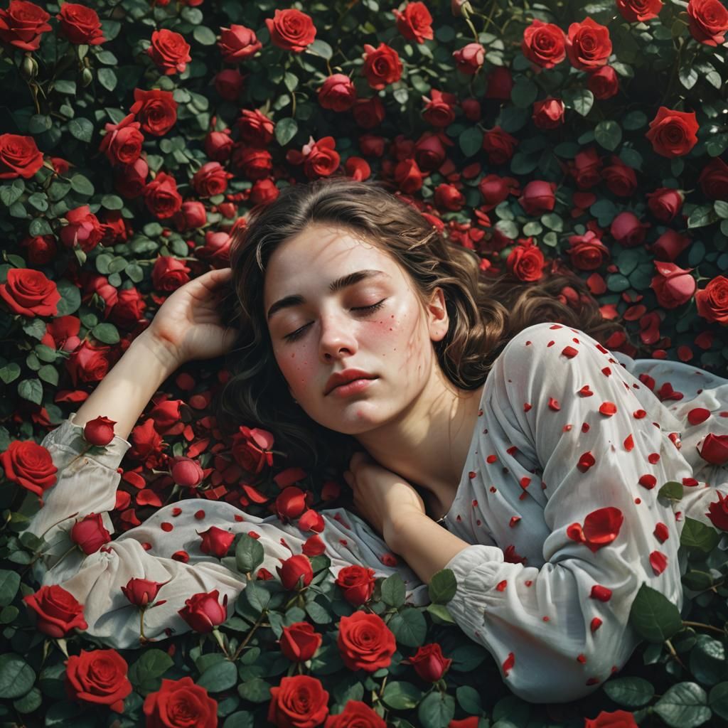 Sleeping Beauty in real life sleeps among countless roses, realistic photography, exciting and high-contrast photographed, 4k, kodak quality...