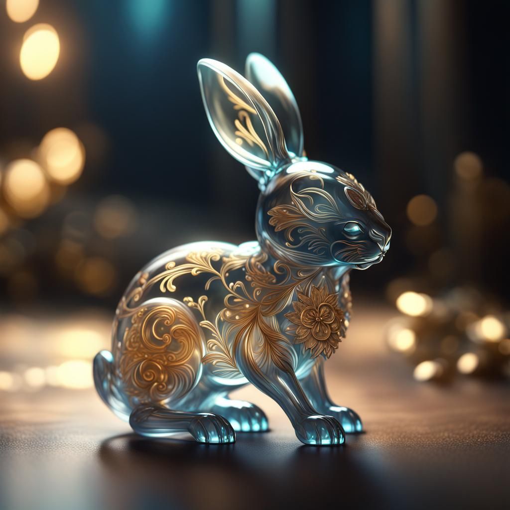 extremely delicate clear bunny made of glass, tiny golden accents ...