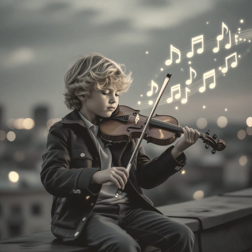 A blond boy with blue eyes sits on the roof of a building playing the violin.
Angle of a drone with musical notes. It's dark. Only the violi...