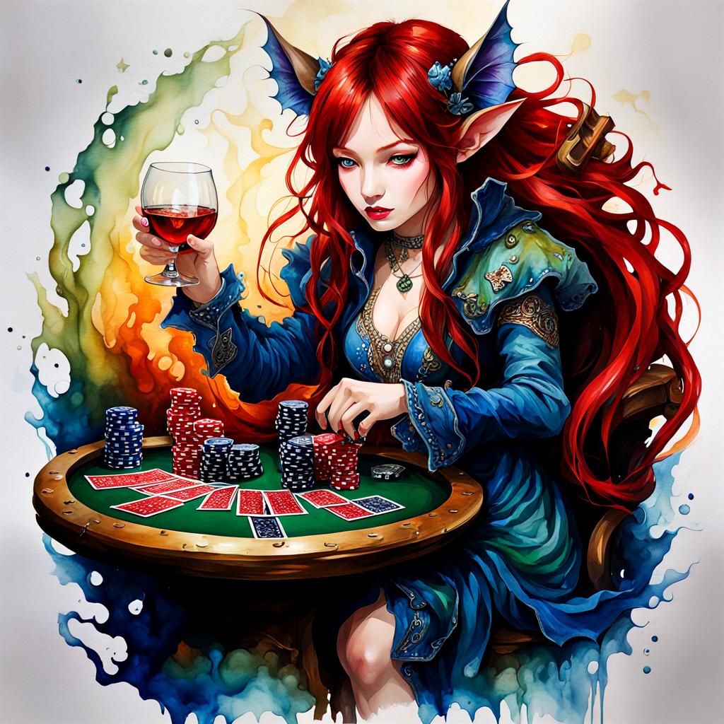 Roaring, poker player, alcohol ink, deep saturation, 🧚‍♀️, ...