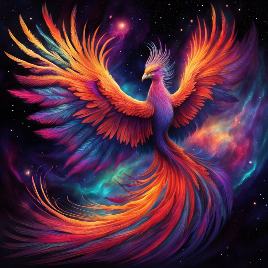 Psychedelic and vibrant, a majestic phoenix takes flight against a ...
