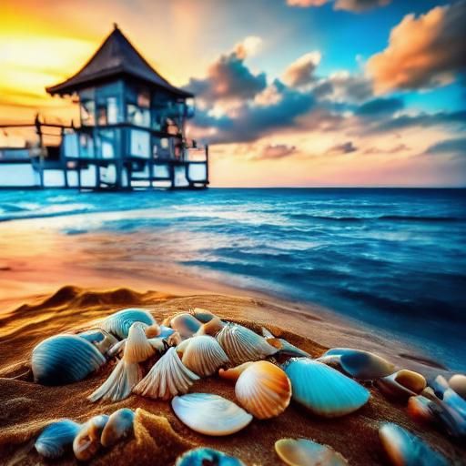 château de sable majestueux orné des plus beaux coquillages  devant une mer azur et un soleil couchant <lora:Coherent:1.0> <lora:Suno:1.0> 