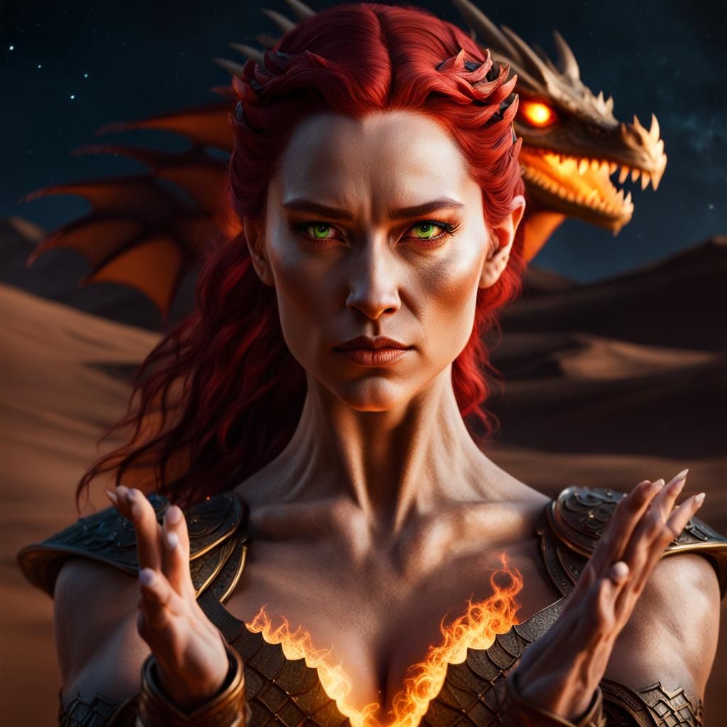 Fiery Pyrokinesis Queen in Desert Landscape