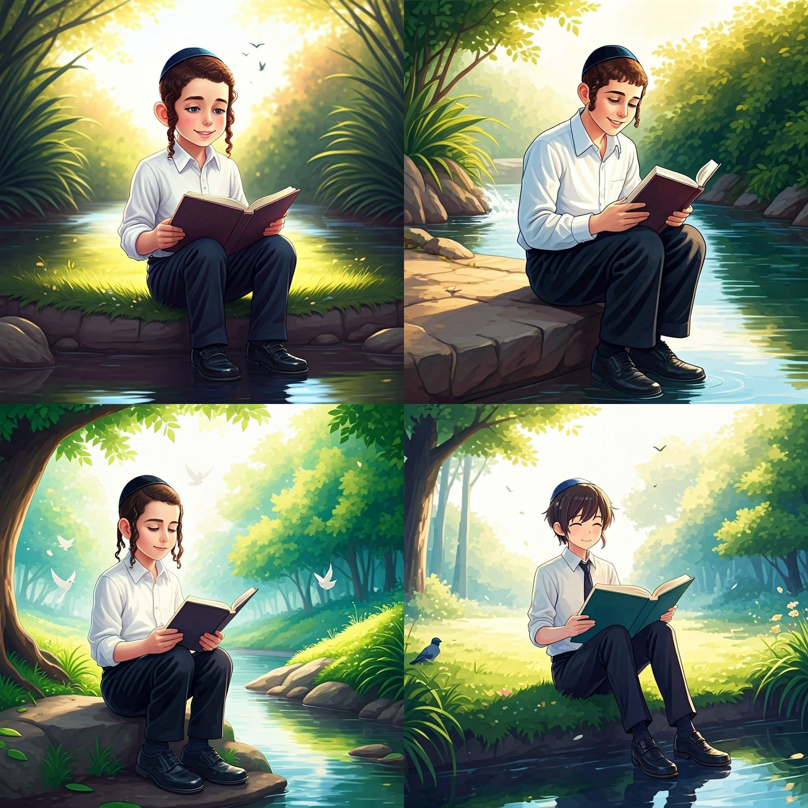 Anime Image of Orthodox Boy Reading by Stream