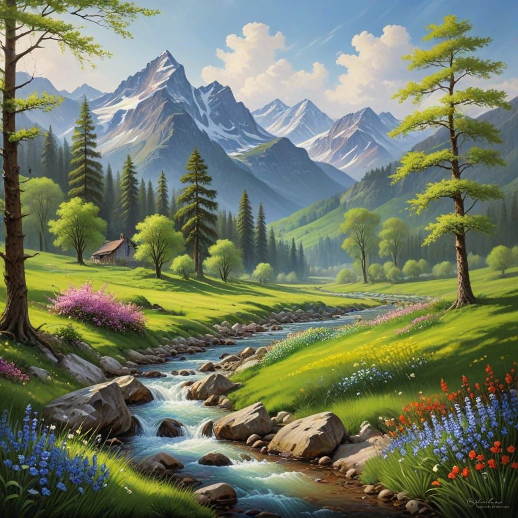 Masterpiece Best image digital oil painting of a lush Spring Landscapes with mountains in the distance ...  by @Chuma Sam