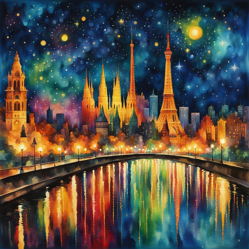 dark watercolor  city lights under the stars
