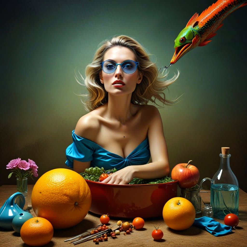 Surrealistic Still Life of a Dressed Woman in a Bizarre Land...