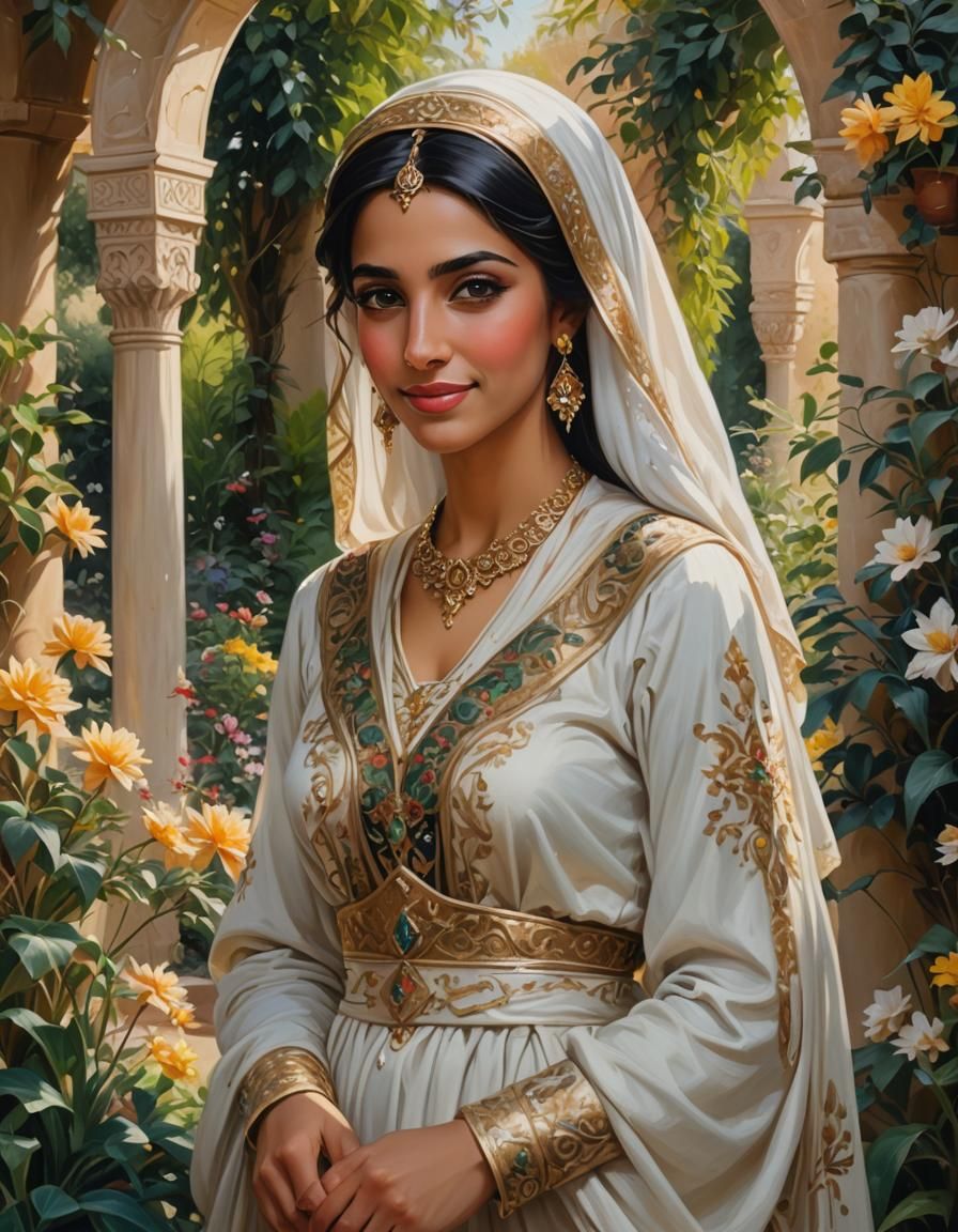 A beautiful young Arabian Princess, in a garden, shy smile, ...