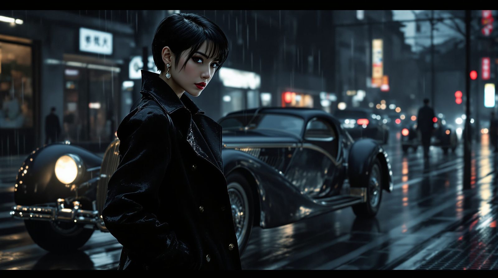 Noir Fashion Icon Beside Vintage Bugatti