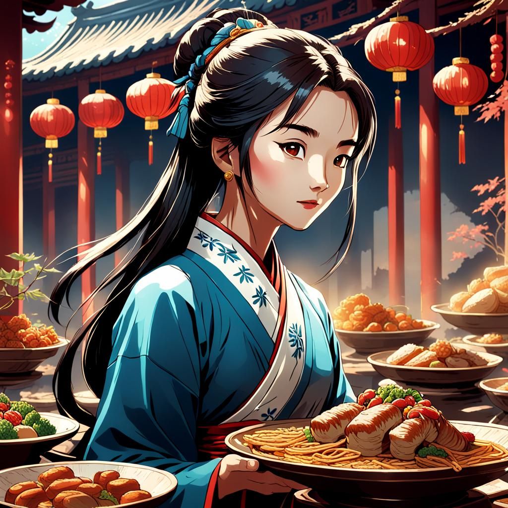 (ancient china) BEAUTIFUL WOMAN looking at a feast, 
 Masterpiece, Best Quality, flat, Manga Scan, Anime, cinematic ligh...