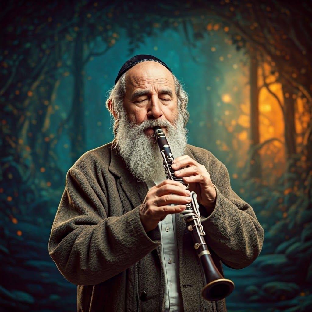 Elderly Man Plays Clarinet in Mystical Forest