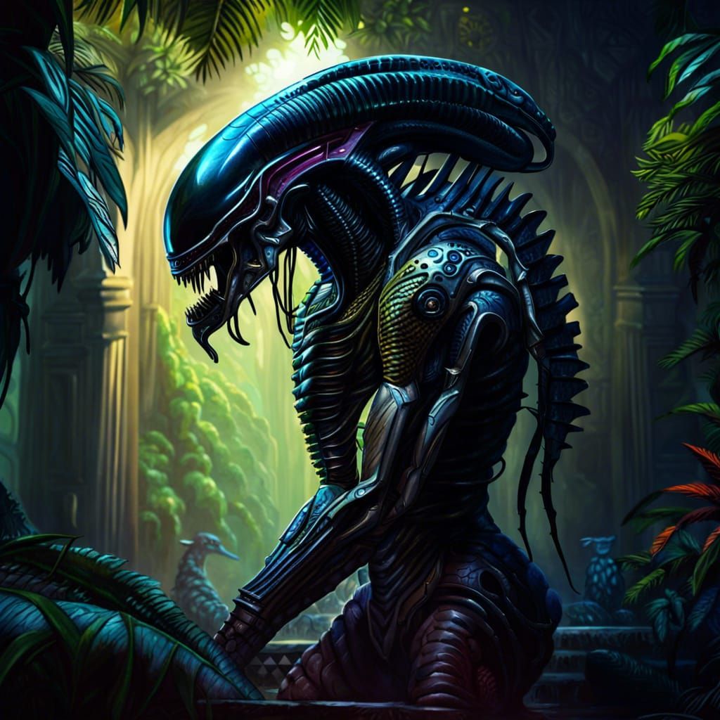 alien xenomorph predator stand in an temple,jungle,l - AI Generated ...