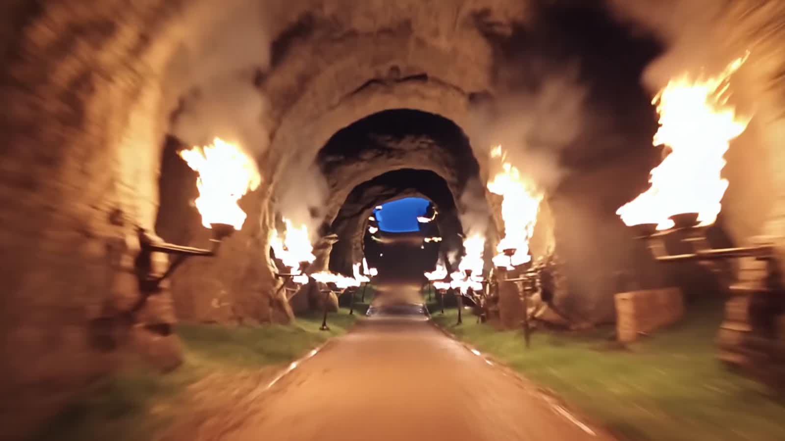Zooming through a multiple torch-lit mineshaft waterslide in first person and plunging with a waterfall into a giant cav...