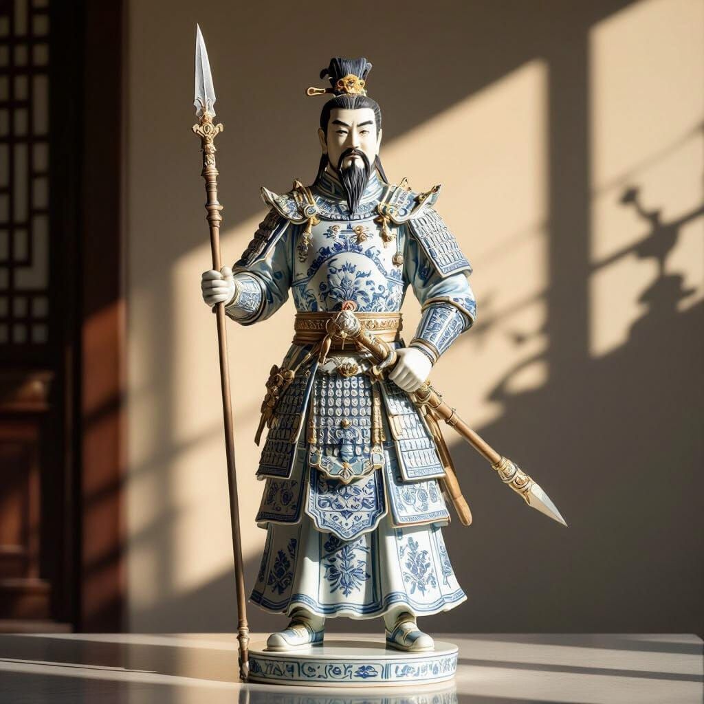 Spectacular statue in fine Chinese porcelain depicting an ancient Chinese warrior. Change the backdrop to a Chinese garden and add a porcela...