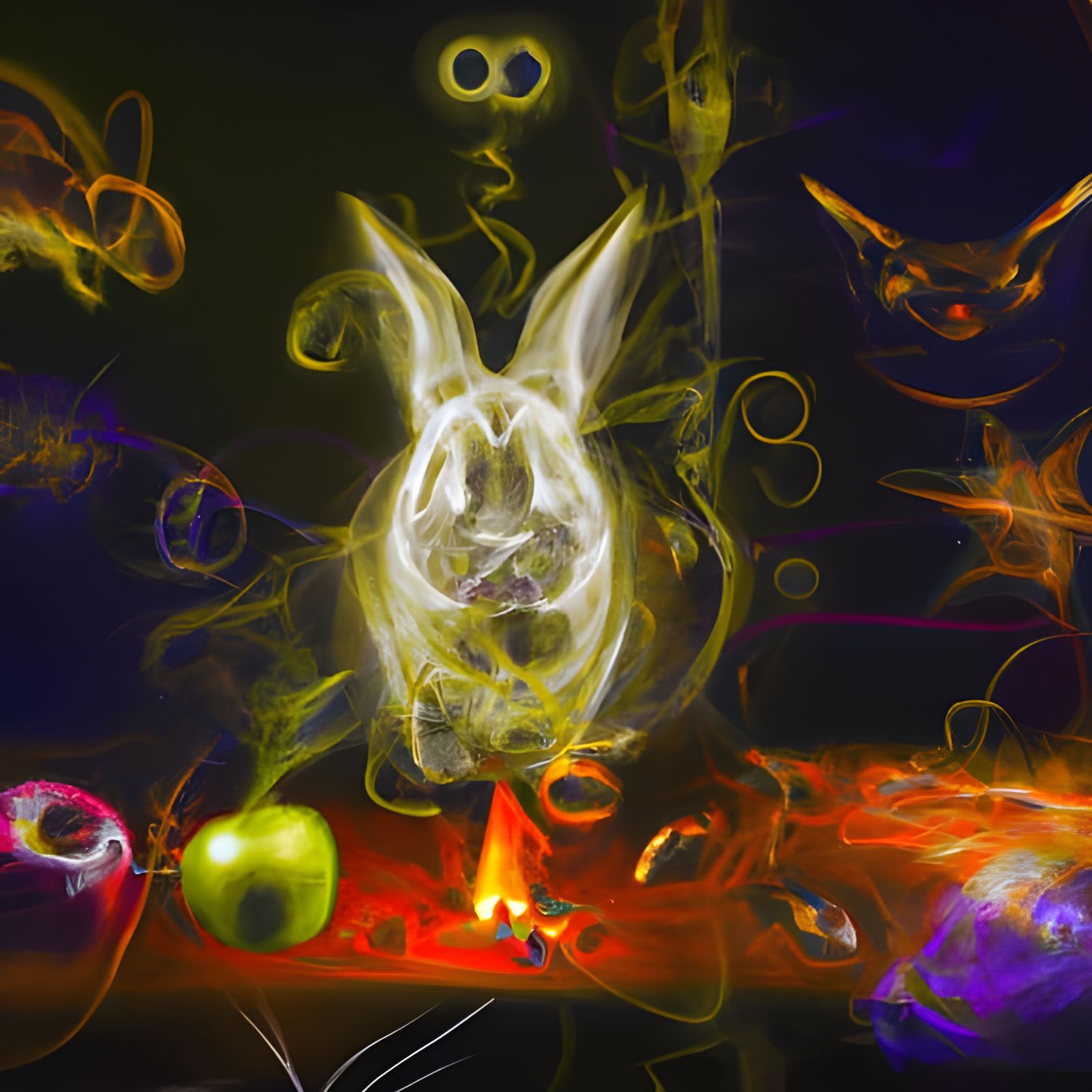 cat worshipping a rabbit god