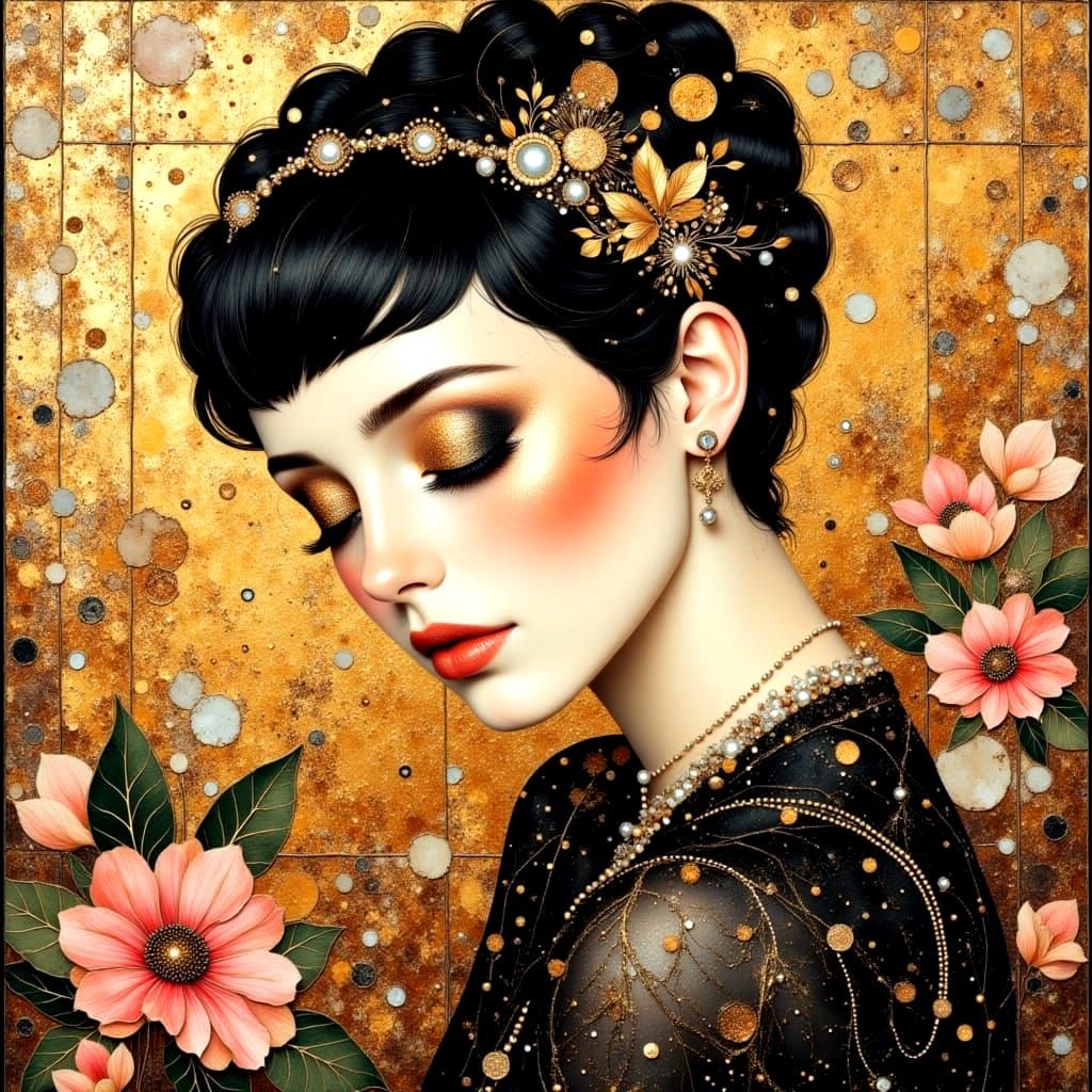 Surreal Femme Portrait in Klimt and Art Deco Style