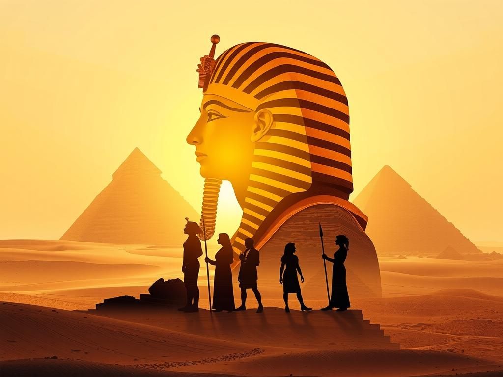 Double exposure. Profile silhouette of Tutankhamun. Inside are silhouettes of Nefertiti and the pharaohs. Background - desert, Egyptian pyra...