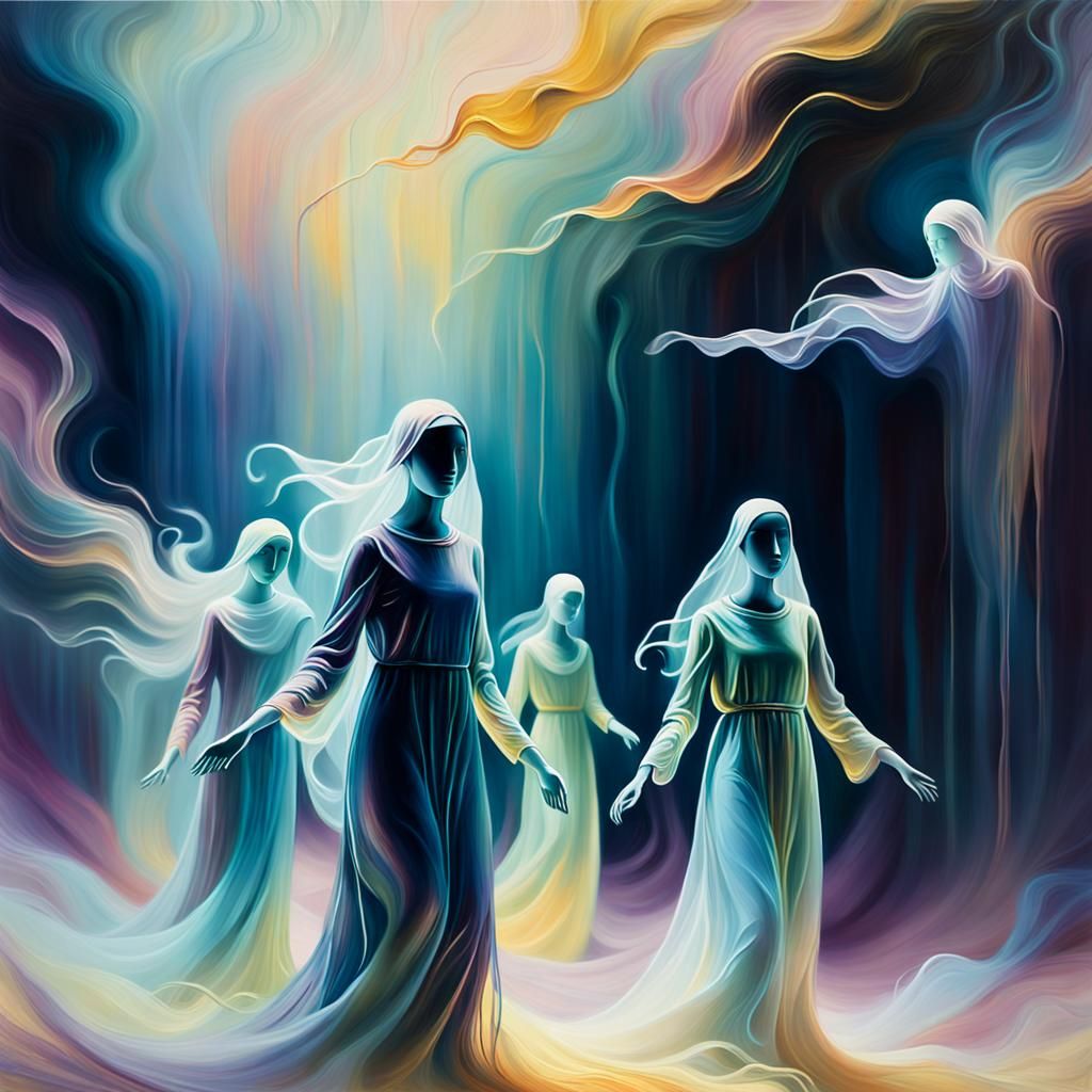 Ethereal Figures Drift in Shimmering, Dreamlike Realm