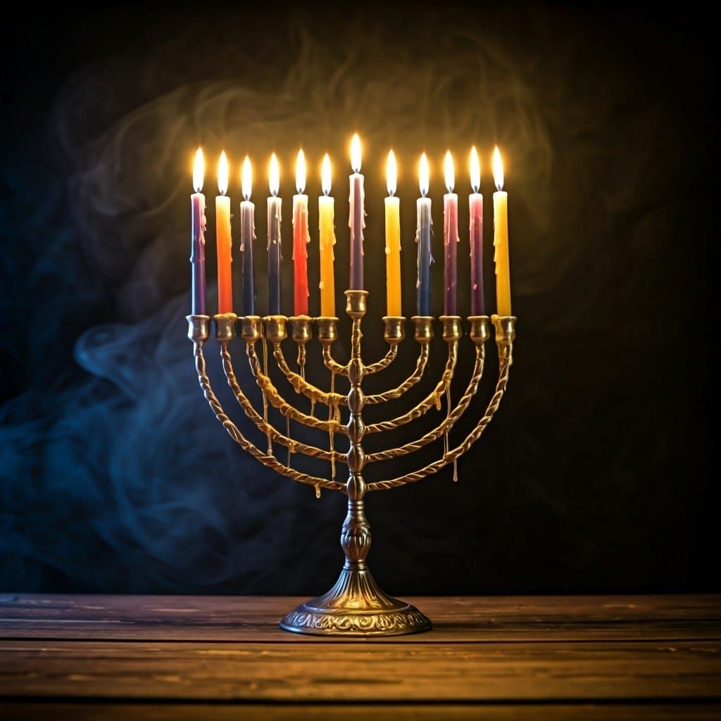 Golden Hanukkah Menorah in a Mystical Smoke-Filled Atmospher...