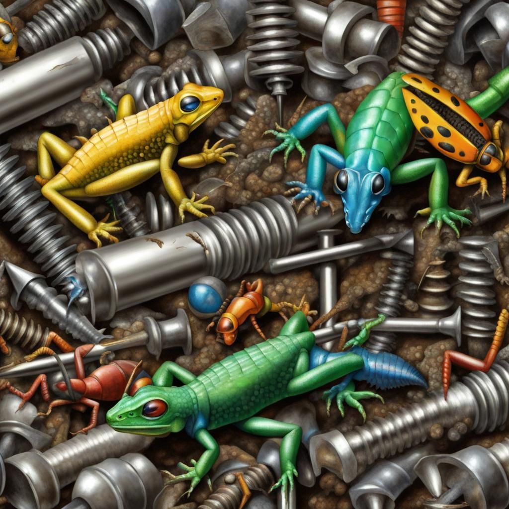 Lizards and and big colorfull beetles crawling between a hug...