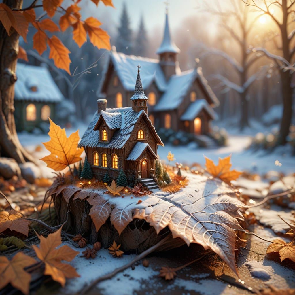 An intricate winter village scene carved into a delicate brown autumn leaf, macro photography with fantasy elements. The leaf's natural vein...