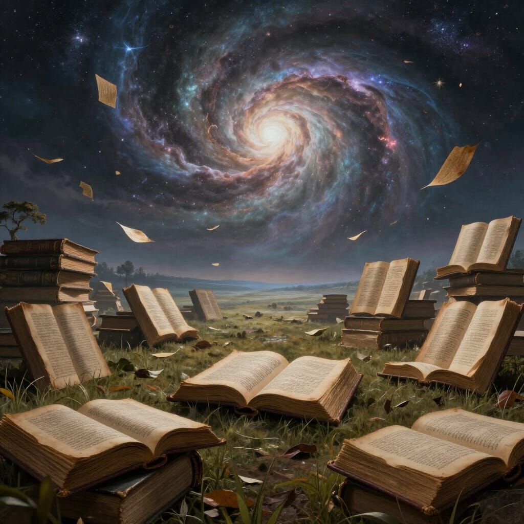 Surreal Valley of Giant Books Under Nebula Sky