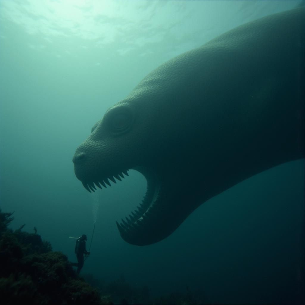 The bloop creature looking at a petrified human scuba diver ...